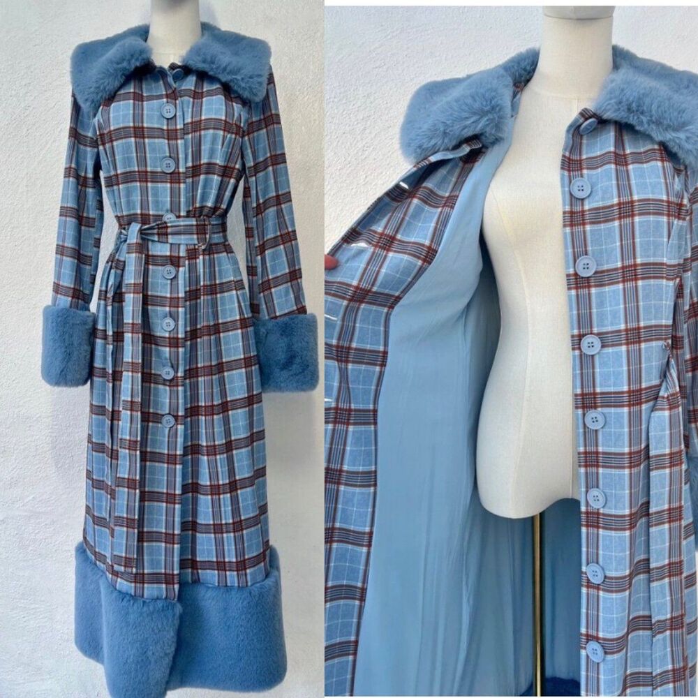 Hot & Delicious Penny Lane Faux Fur Trench Coat Blue Plaid Size M EXCELLENT Cond